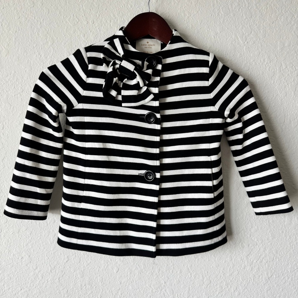 Kate Spade Kids 4Y Black White Striped Bow 3 Button Jacket Gold Polka Dot Lining